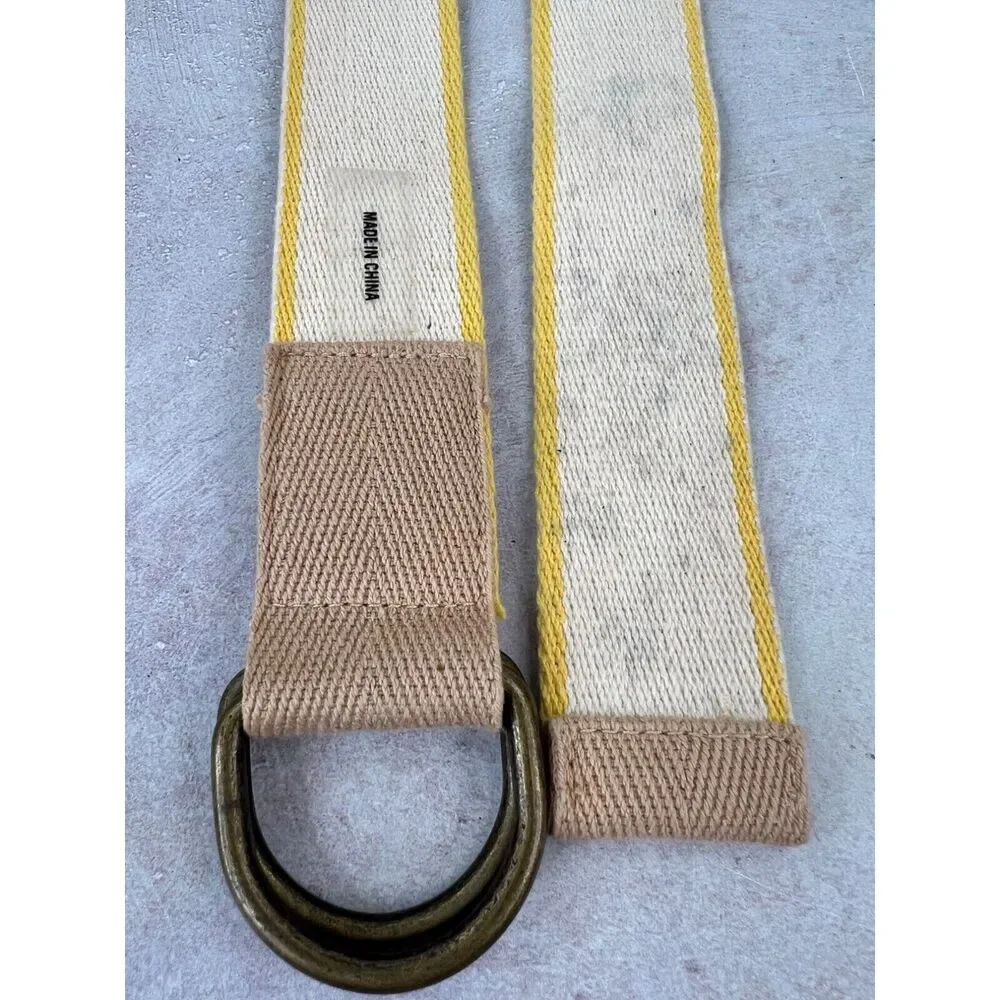 Vintage‎ Beige & Yellow Canvas Belt With Brass D-Ring Buckle